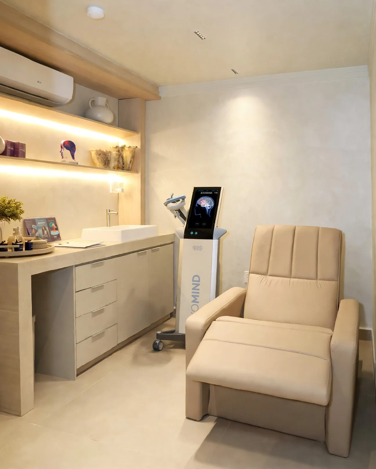 Equipamento Exomag de neuromodulação em ambiente acolhedor